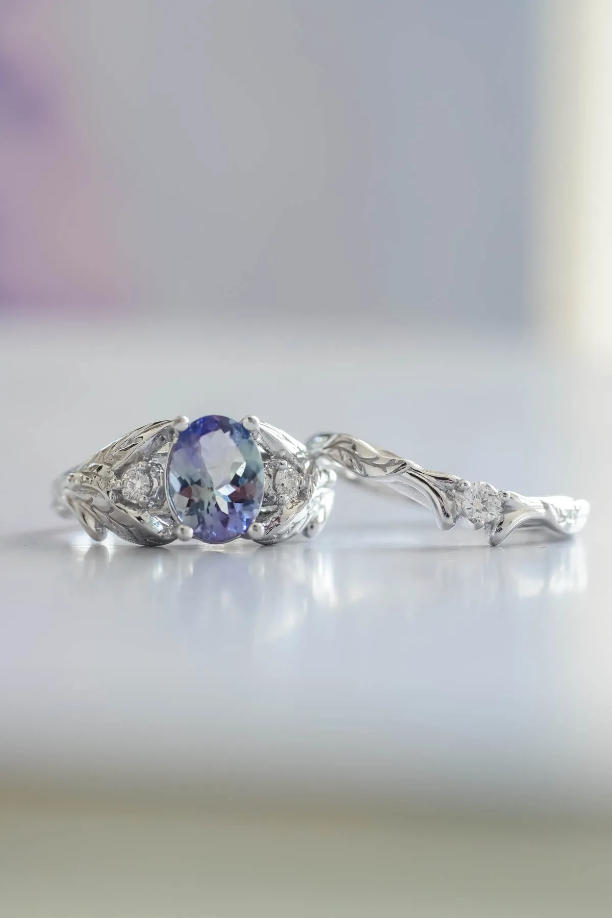 Tanzanite bridal ring set, gold leaf rings with diamonds / Wisteria