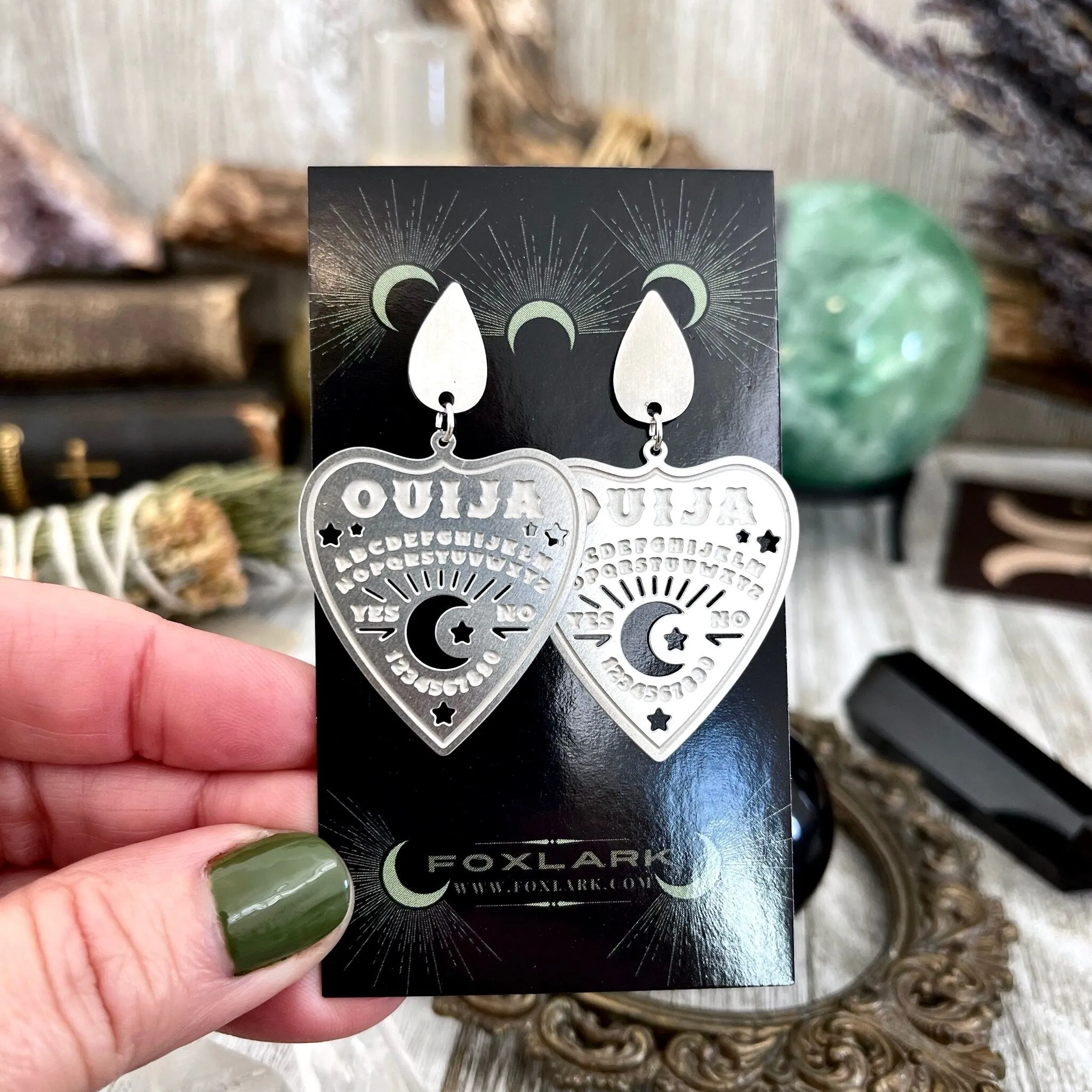 Teardrop Post Ouija Board Planchette Crescent Moon Earrings/ Sterling Silver & Stainless Steel