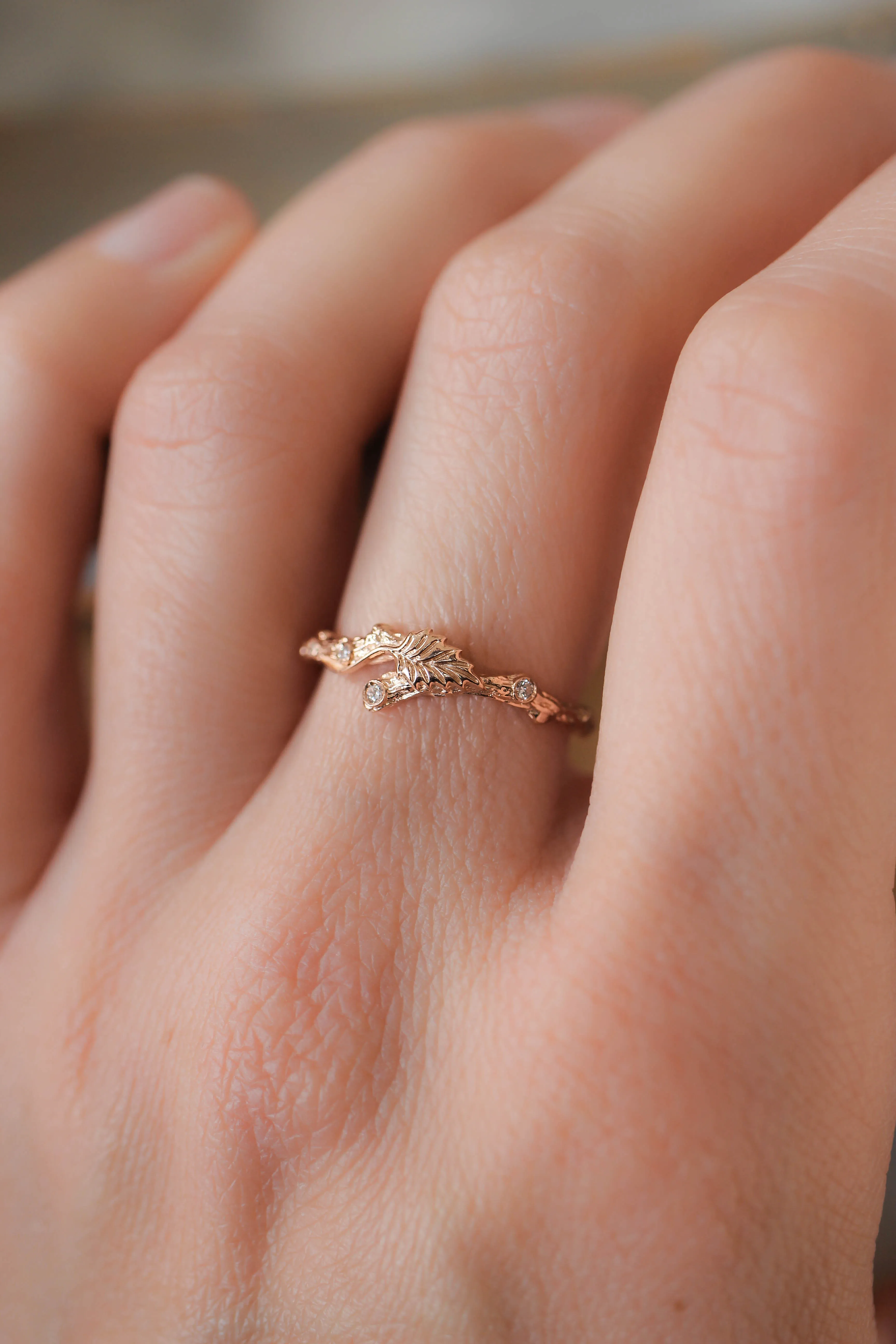 Twig ring with diamonds and one leaf, branch wedding band