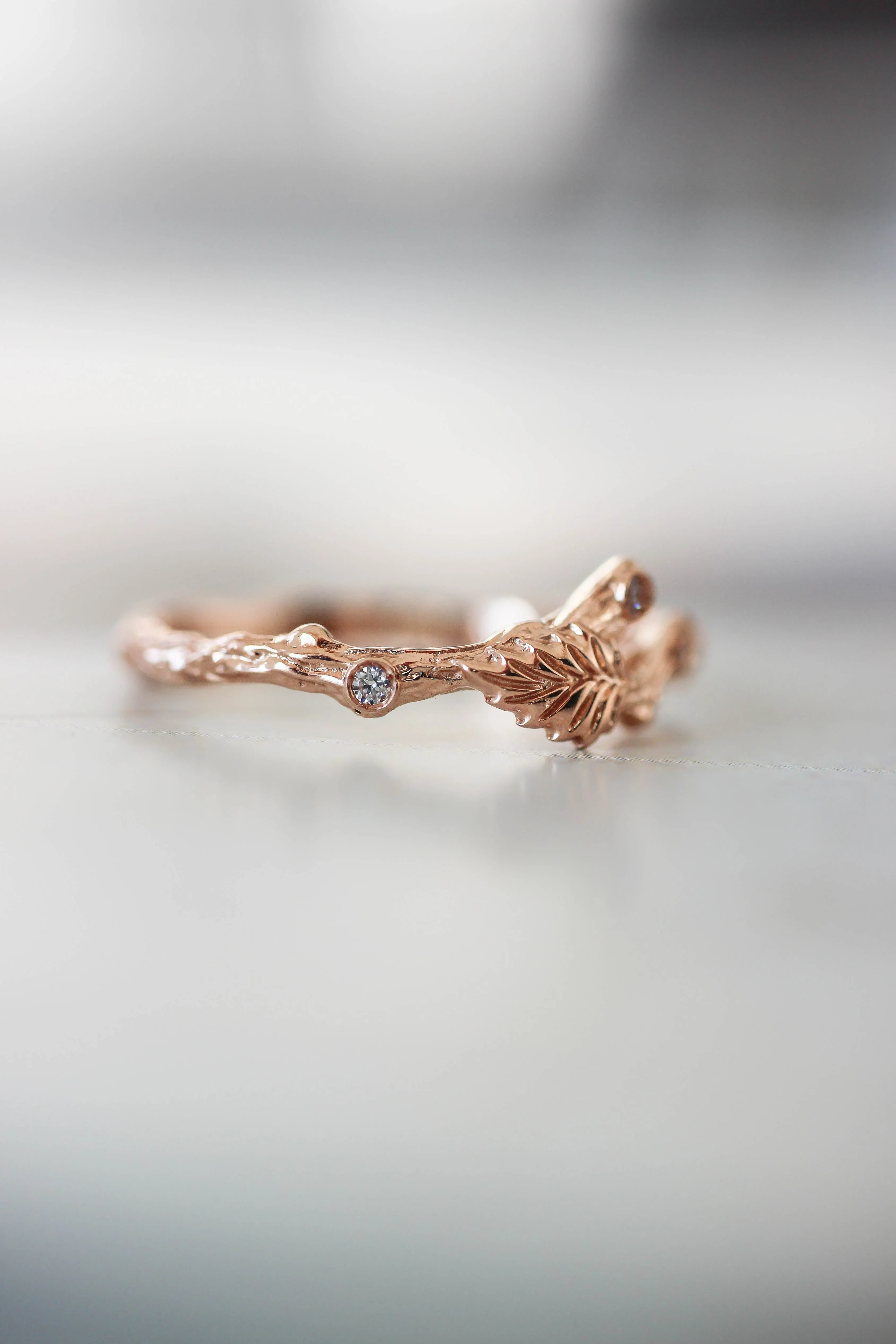 Twig ring with diamonds and one leaf, branch wedding band