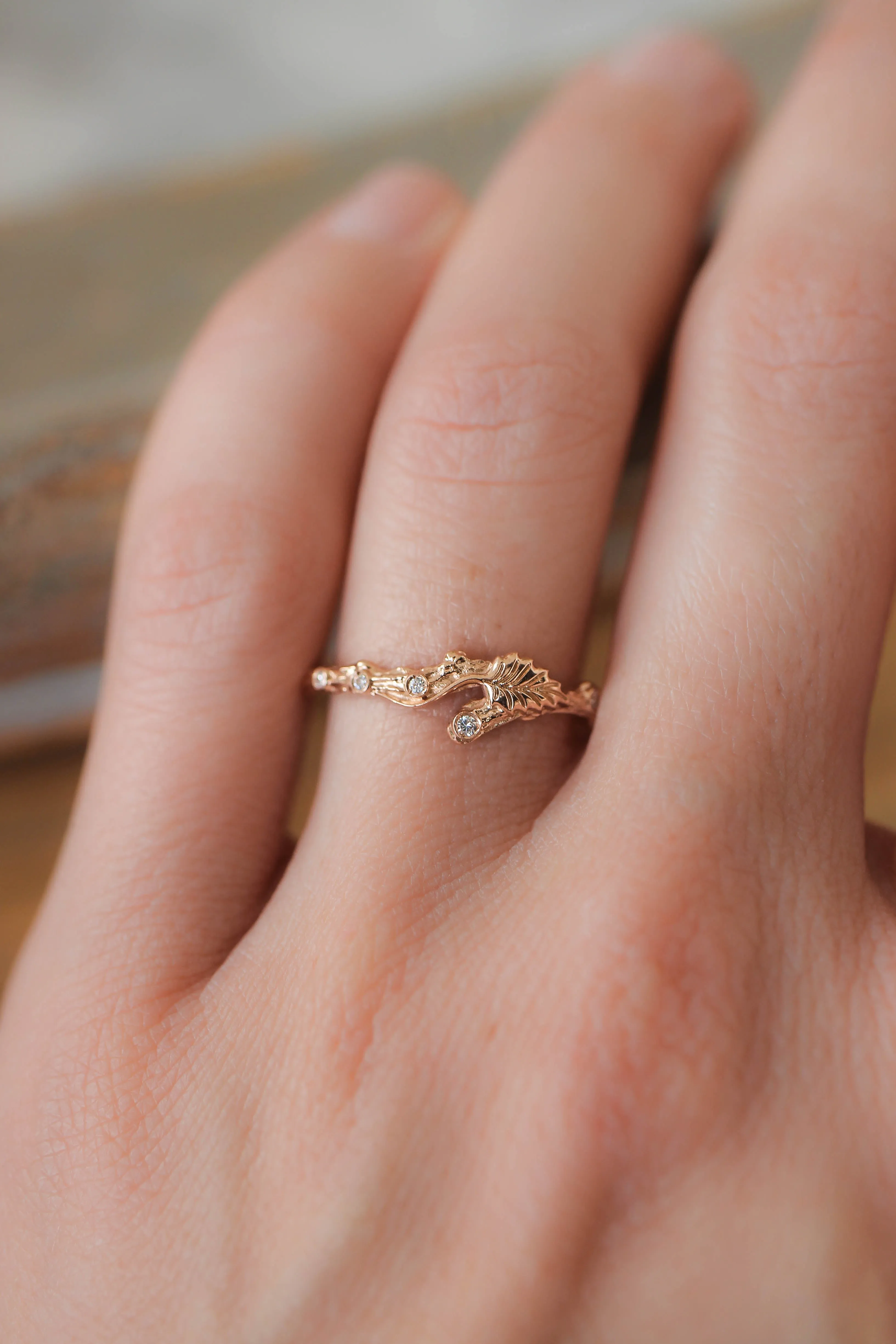 Twig ring with diamonds and one leaf, branch wedding band