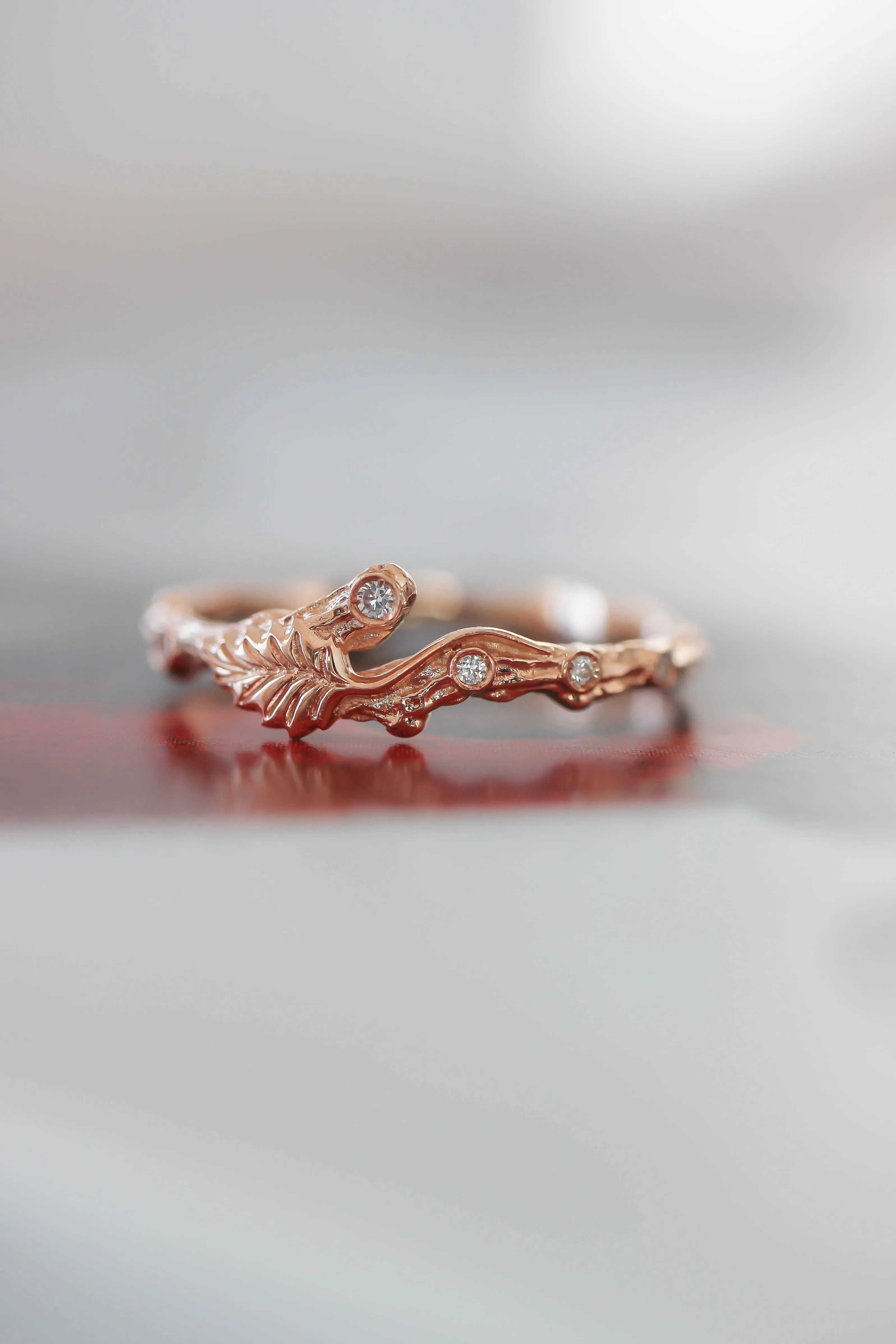 Twig ring with diamonds and one leaf, branch wedding band