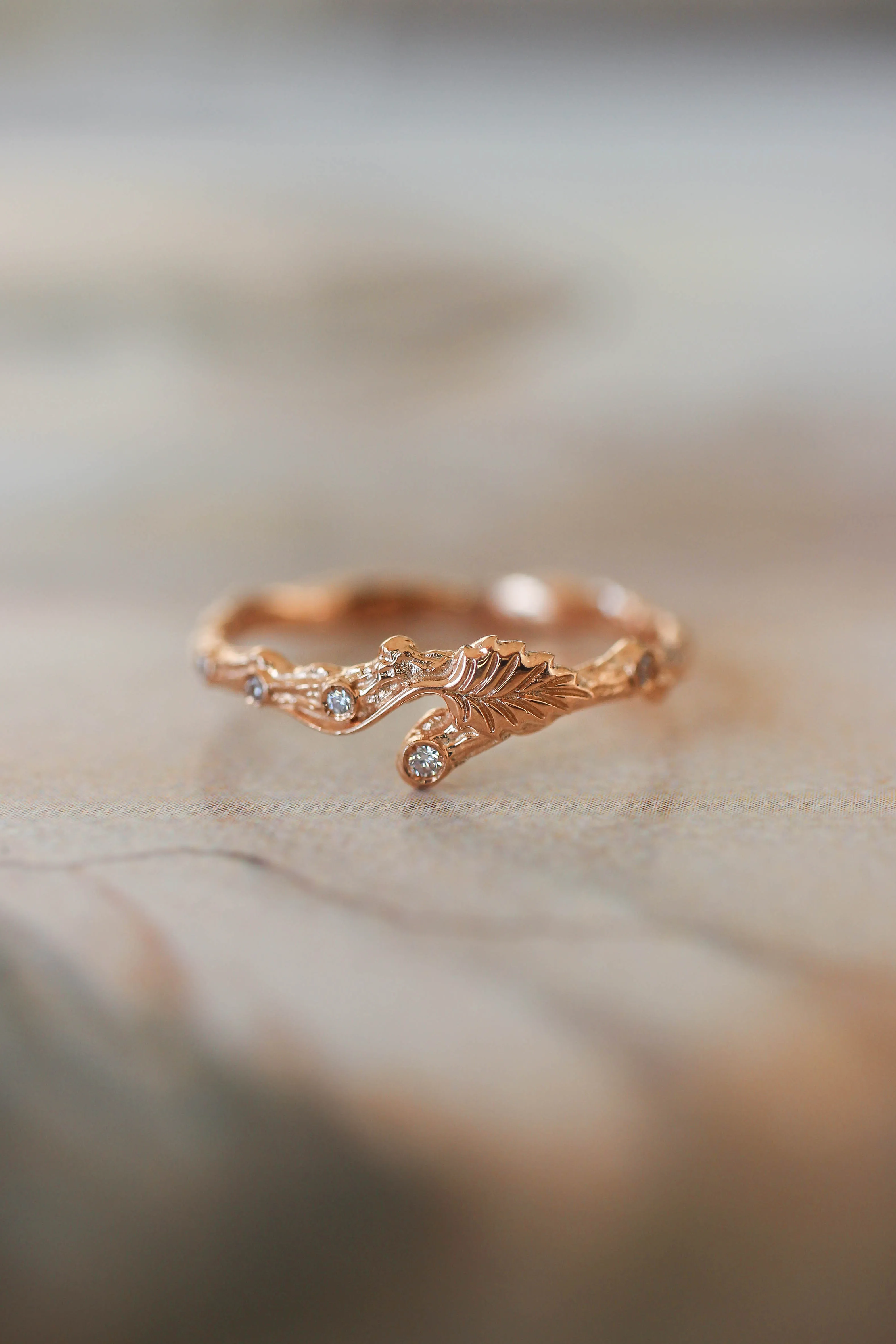 Twig ring with diamonds and one leaf, branch wedding band