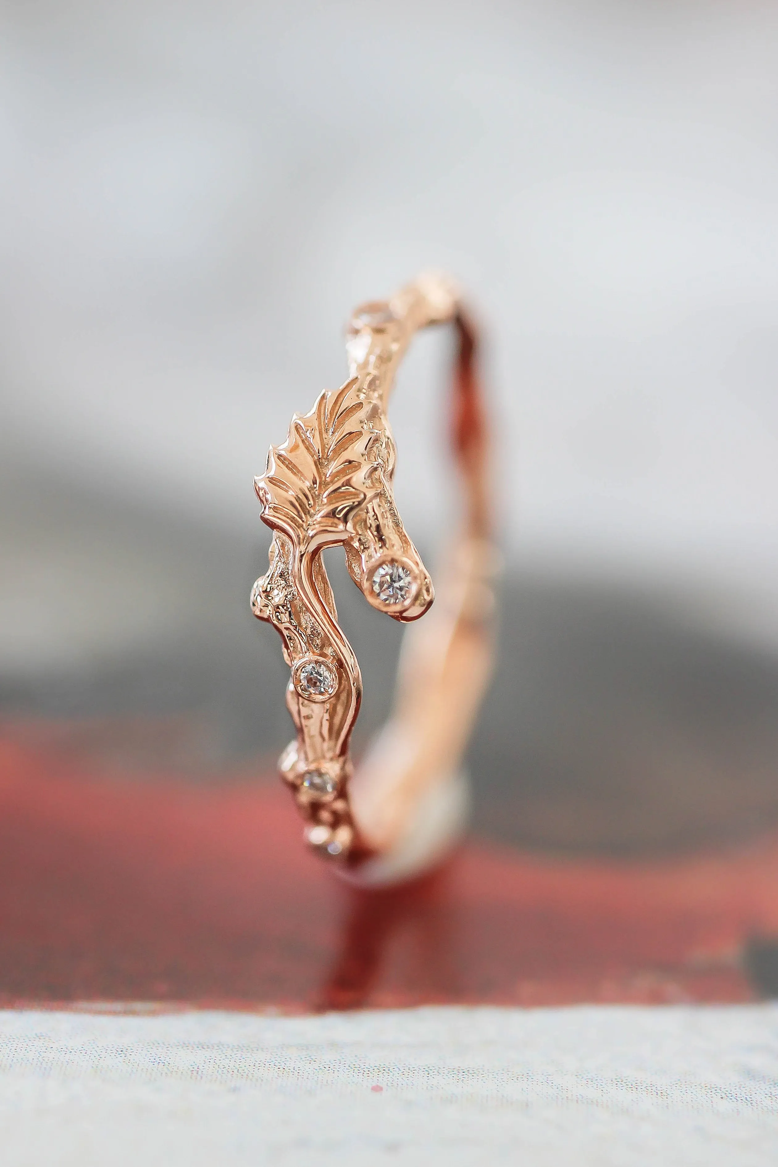 Twig ring with diamonds and one leaf, branch wedding band