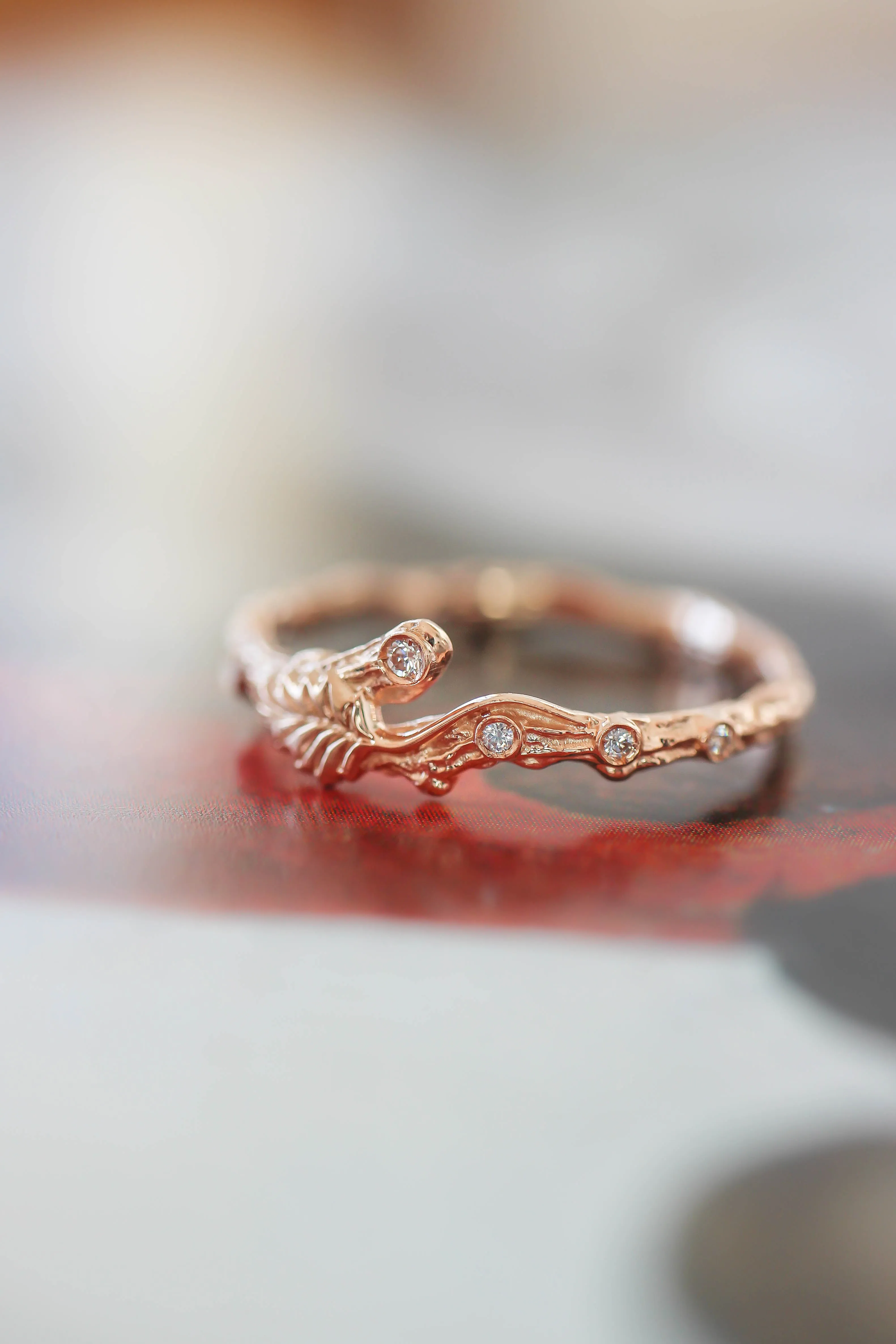 Twig ring with diamonds and one leaf, branch wedding band