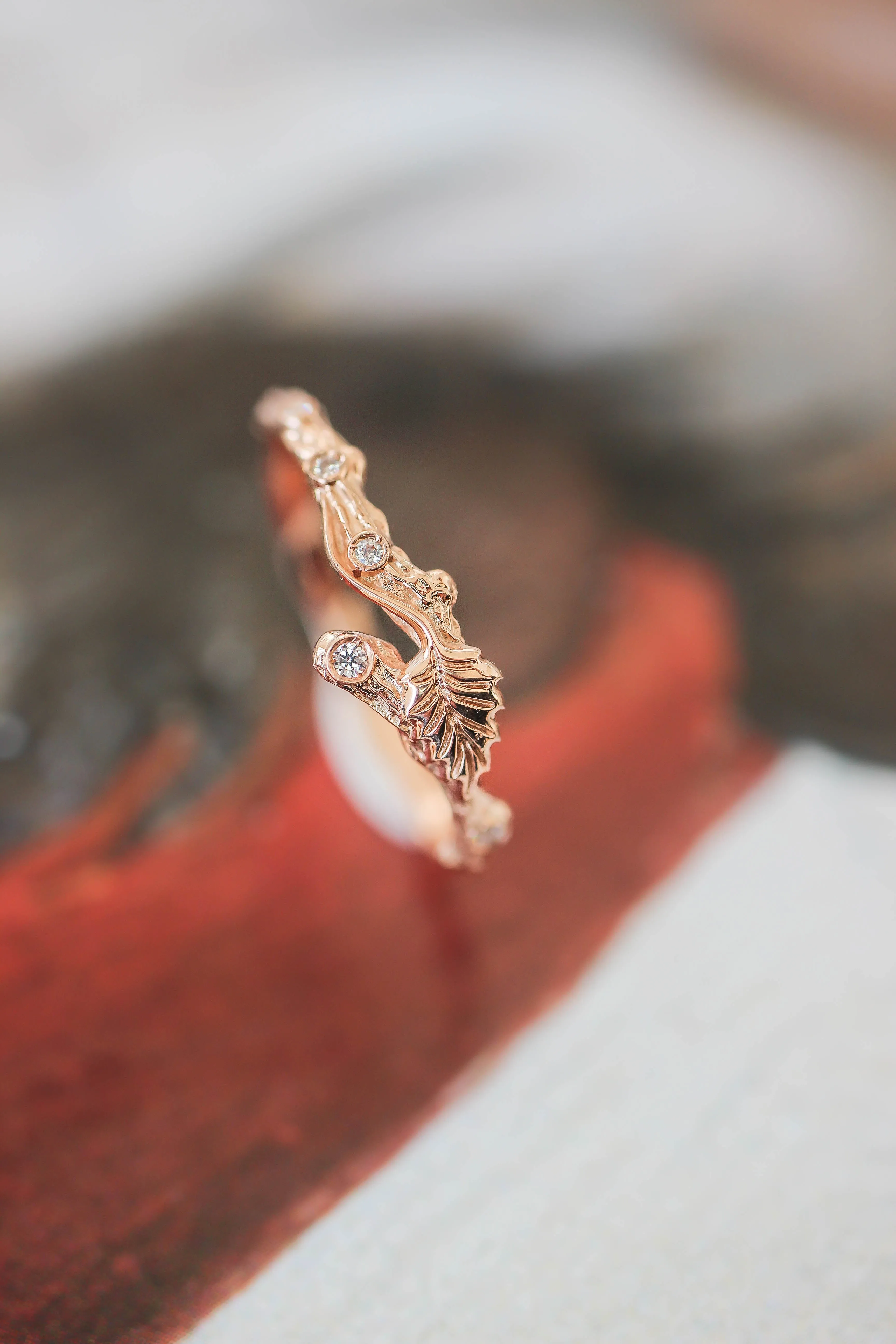 Twig ring with diamonds and one leaf, branch wedding band