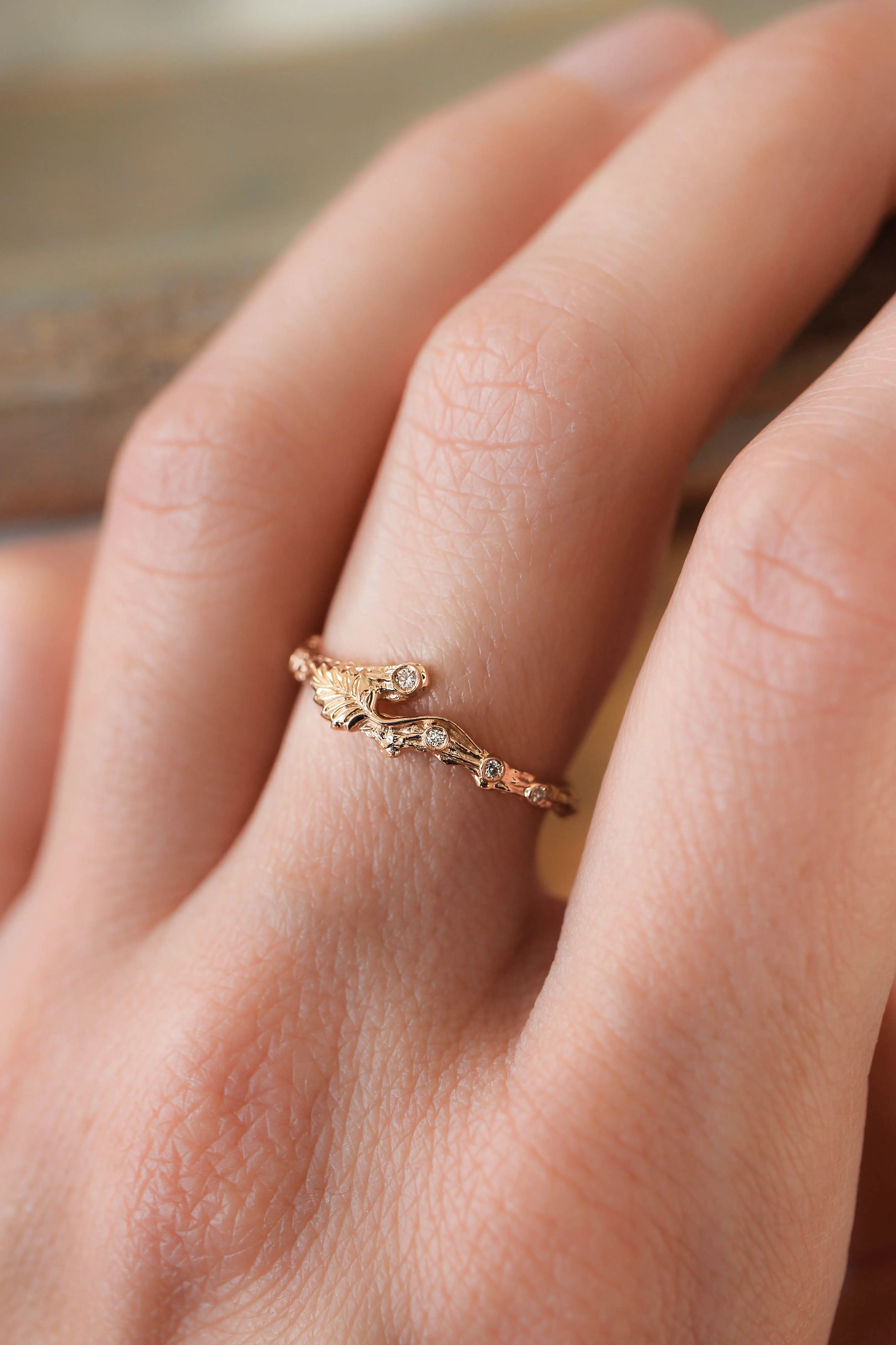 Twig ring with diamonds and one leaf, branch wedding band