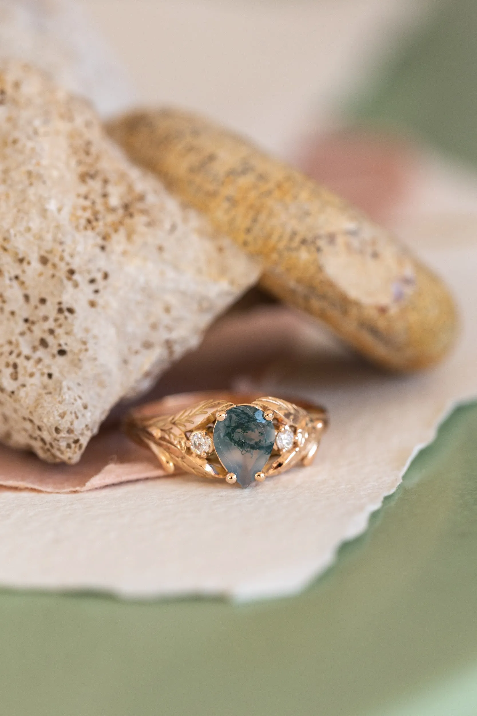 Unique moss agate engagement ring, rose gold engagement ring with accent diamonds / Wisteria