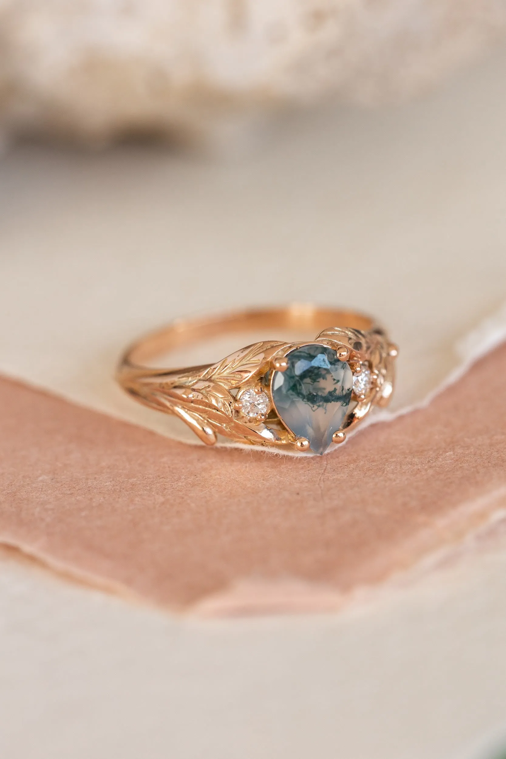 Unique moss agate engagement ring, rose gold engagement ring with accent diamonds / Wisteria