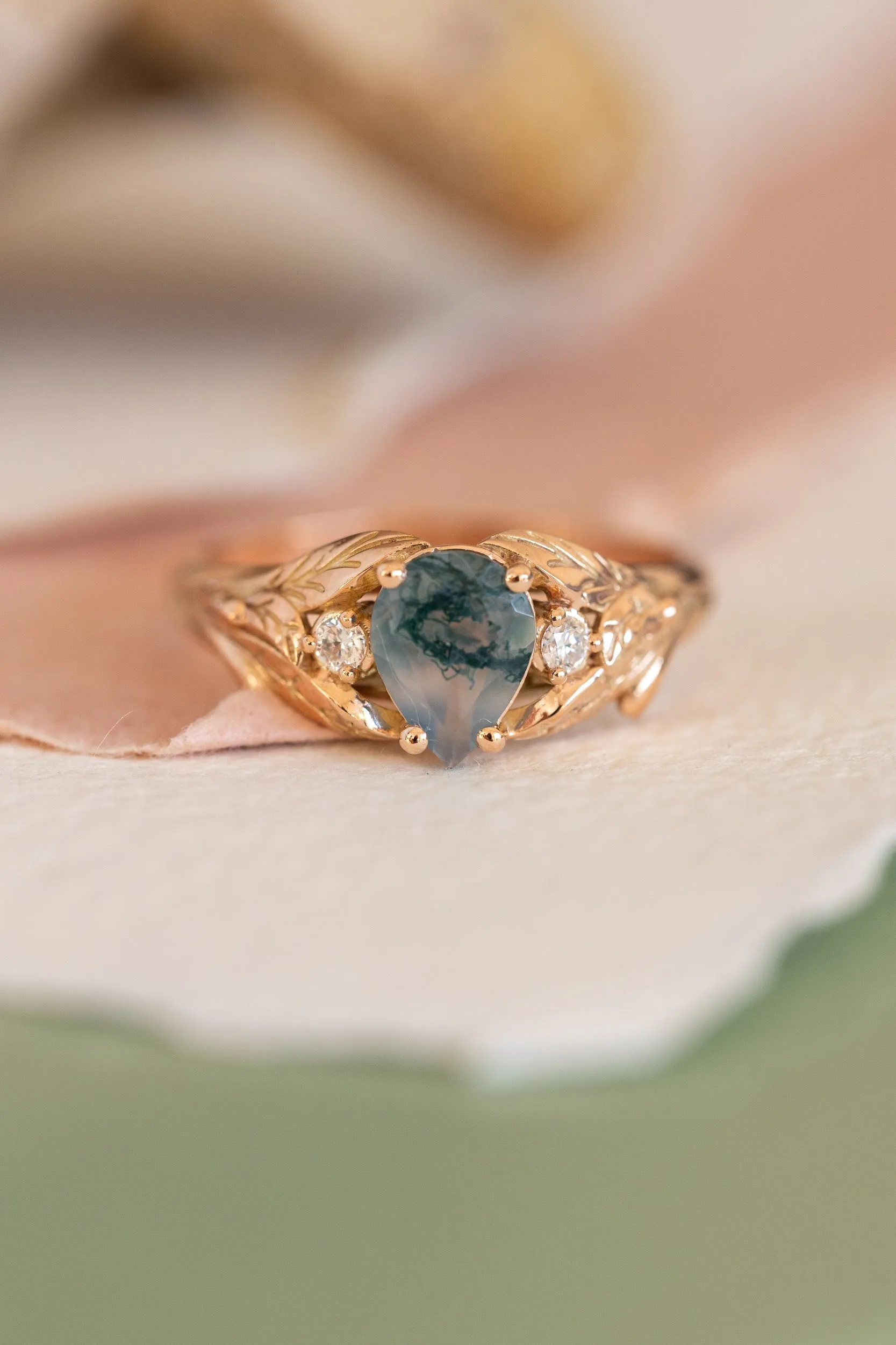 Unique moss agate engagement ring, rose gold engagement ring with accent diamonds / Wisteria