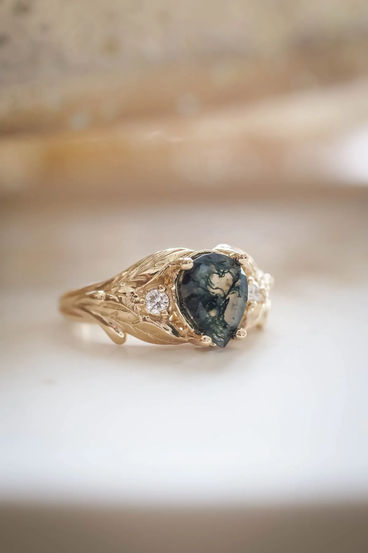 Unique moss agate engagement ring, rose gold engagement ring with accent diamonds / Wisteria