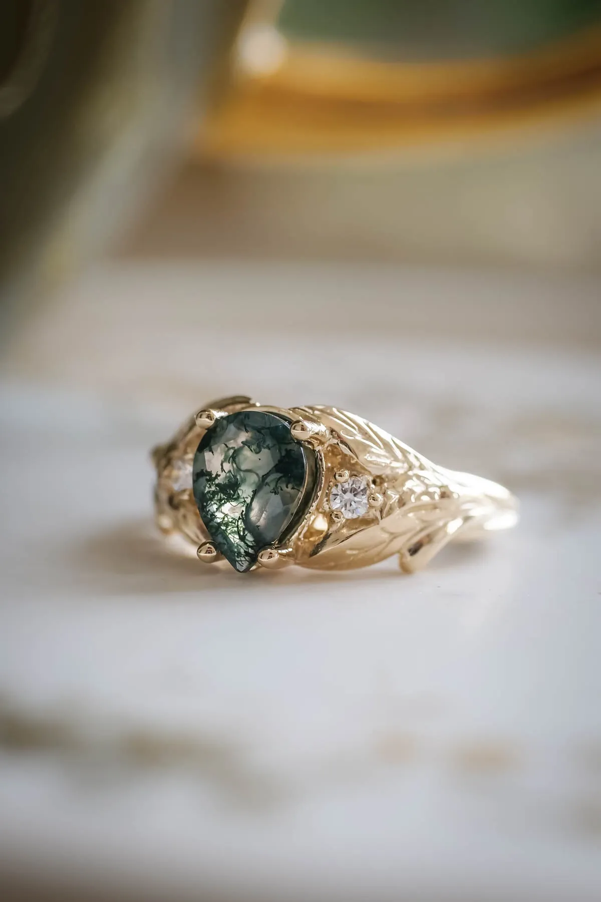 Unique moss agate engagement ring, rose gold engagement ring with accent diamonds / Wisteria