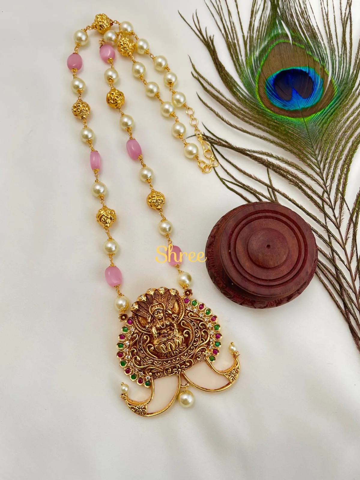 Veer Mata ,Goddess  Lakshmi Design Puligoru pendant with pearl and Pink Beads Necklace for Women-TREND001PPP