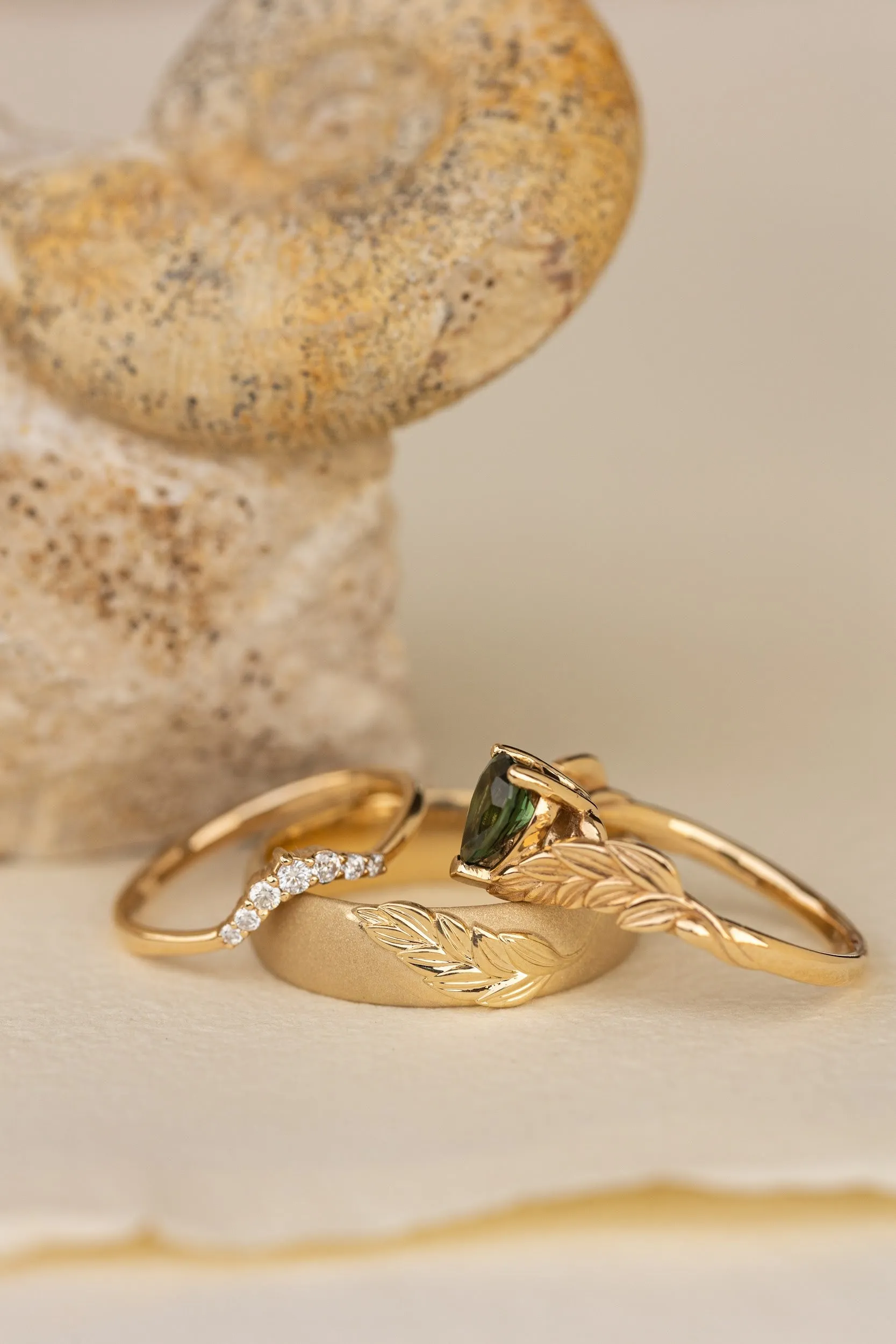 Wedding rings set for couple: palm leaf satin wedding band for him, Palmira ring set with natural green sapphire for her