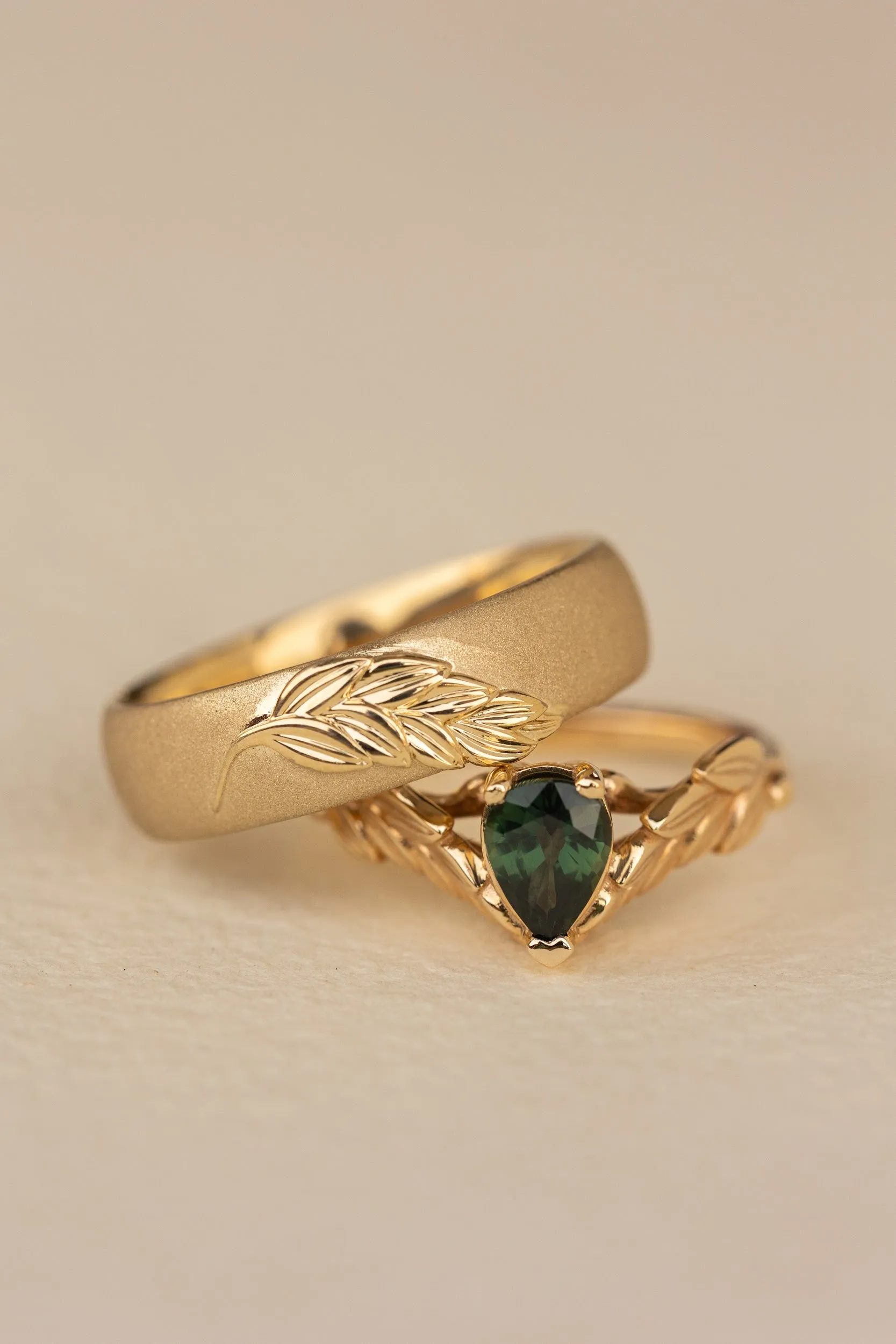 Wedding rings set for couple: palm leaf satin wedding band for him, Palmira ring set with natural green sapphire for her