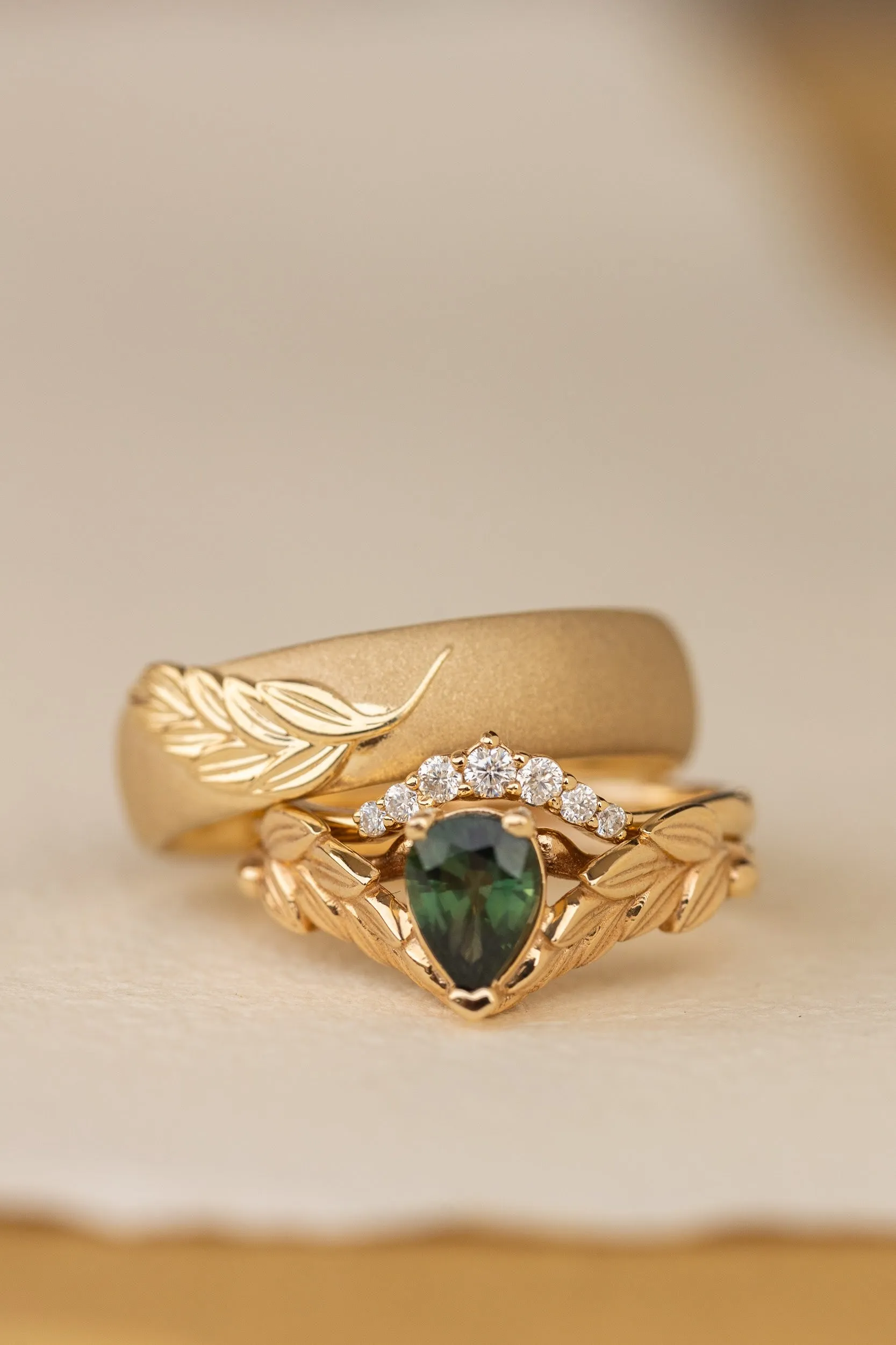 Wedding rings set for couple: palm leaf satin wedding band for him, Palmira ring set with natural green sapphire for her