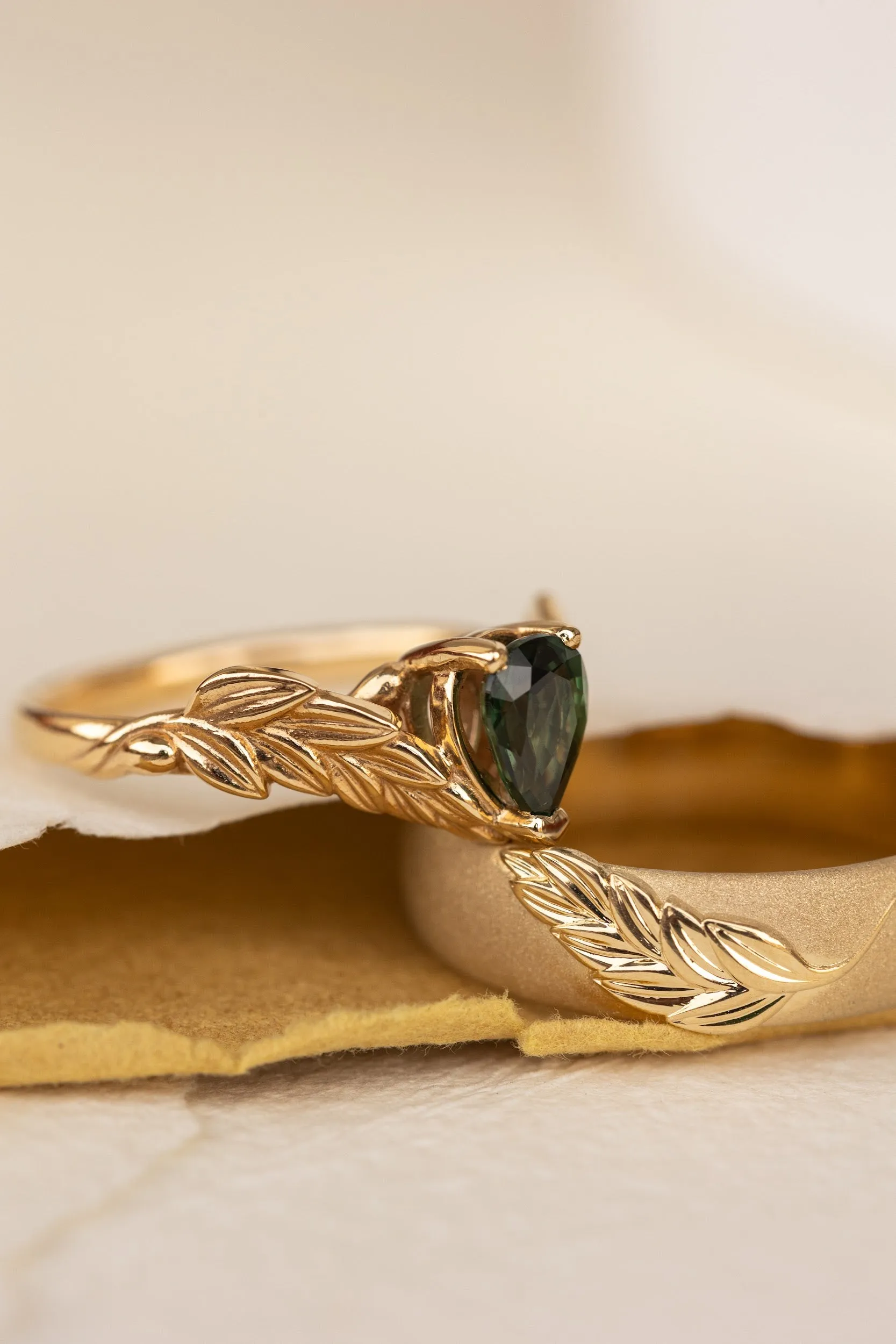 Wedding rings set for couple: palm leaf satin wedding band for him, Palmira ring set with natural green sapphire for her