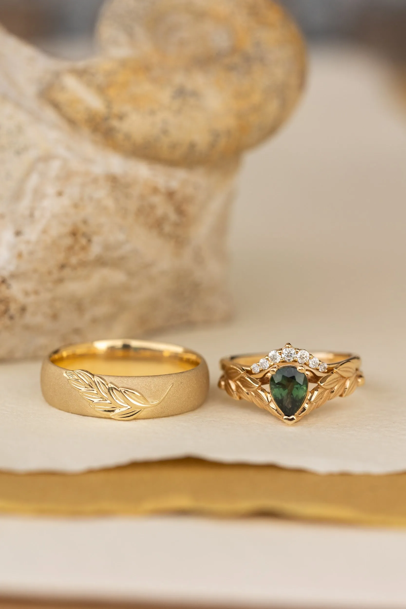 Wedding rings set for couple: palm leaf satin wedding band for him, Palmira ring set with natural green sapphire for her