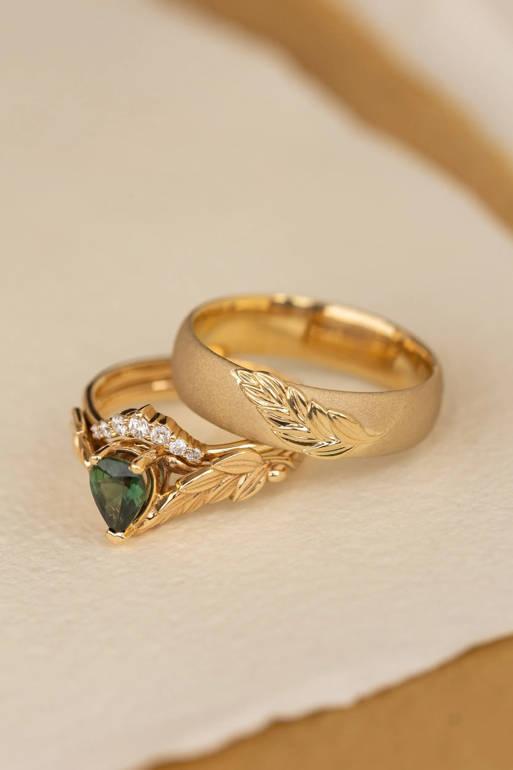 Wedding rings set for couple: palm leaf satin wedding band for him, Palmira ring set with natural green sapphire for her