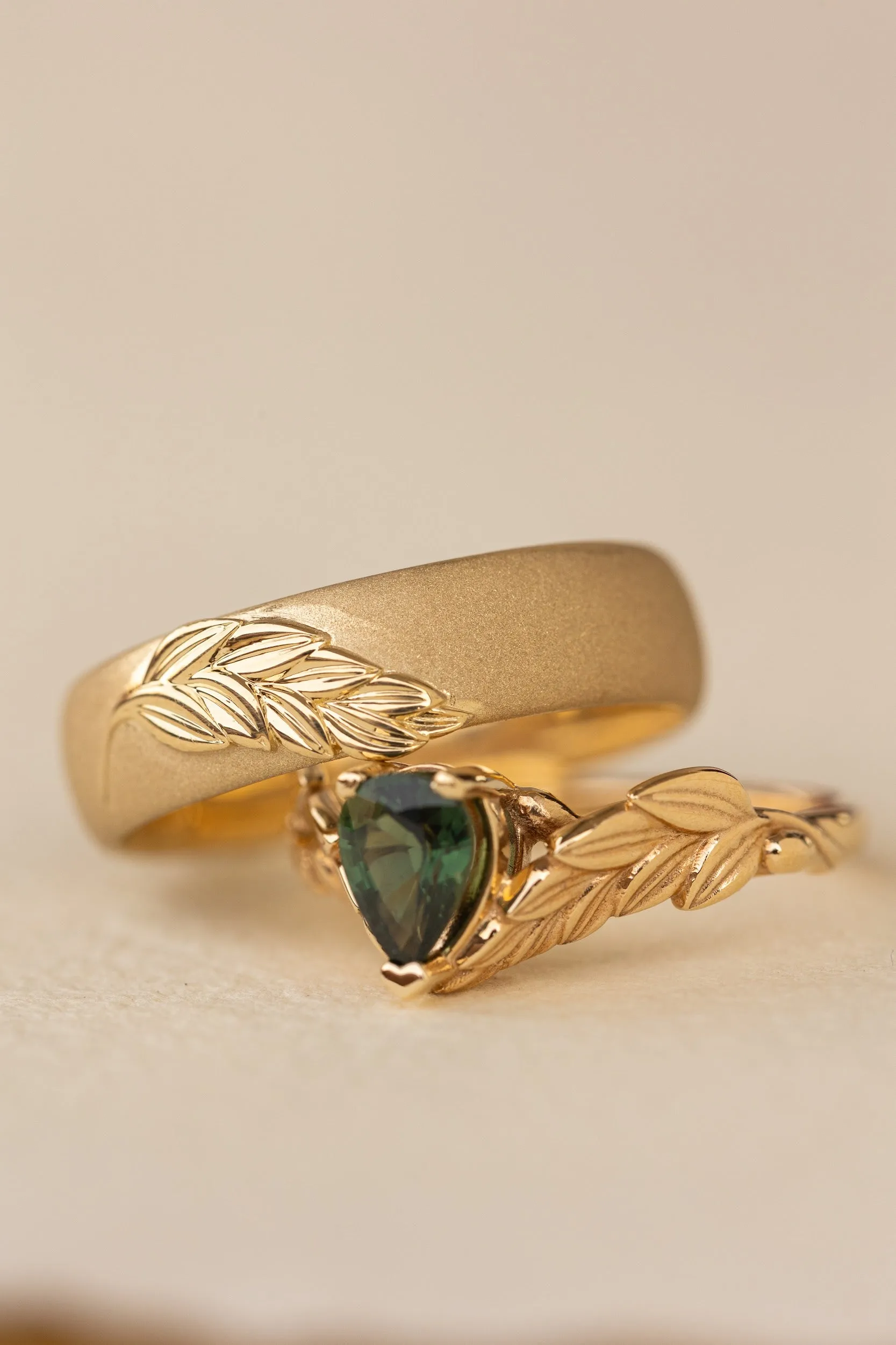 Wedding rings set for couple: palm leaf satin wedding band for him, Palmira ring set with natural green sapphire for her