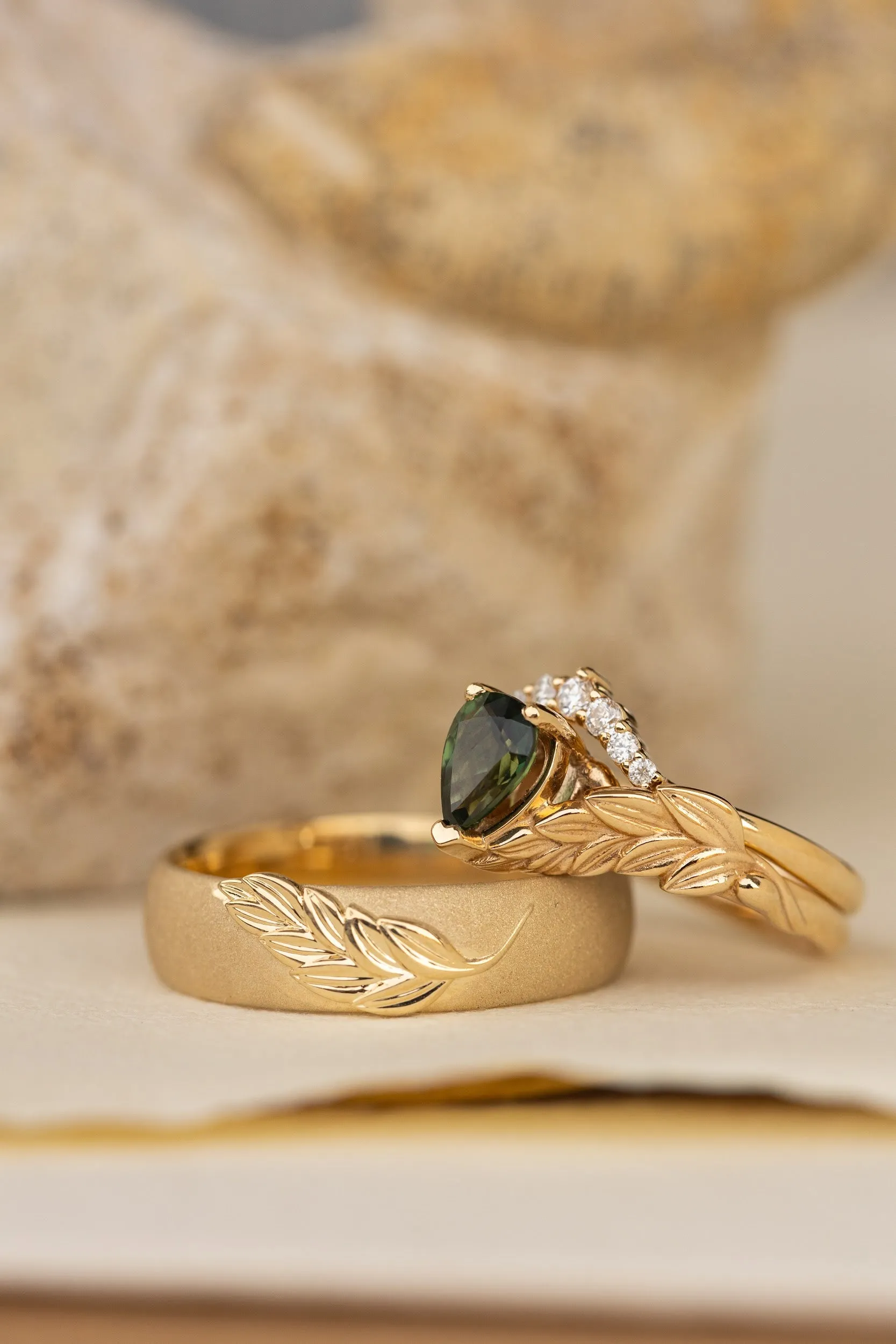 Wedding rings set for couple: palm leaf satin wedding band for him, Palmira ring set with natural green sapphire for her