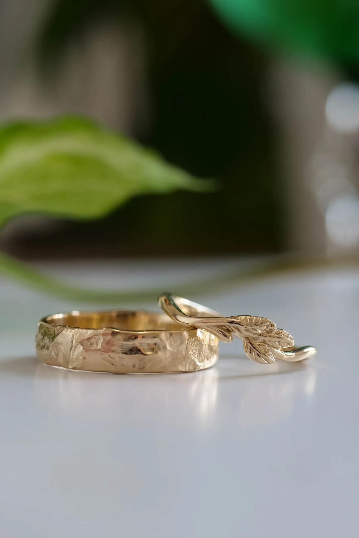 Wedding rings set for couple: textured band for him, twig band for her