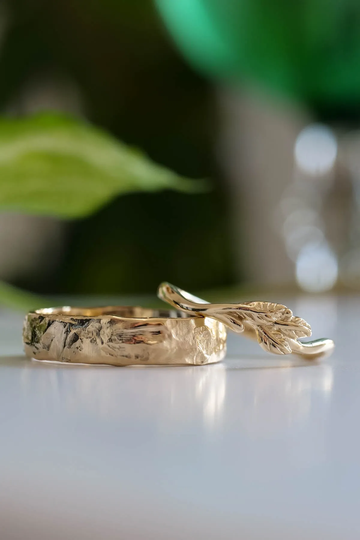 Wedding rings set for couple: textured band for him, twig band for her