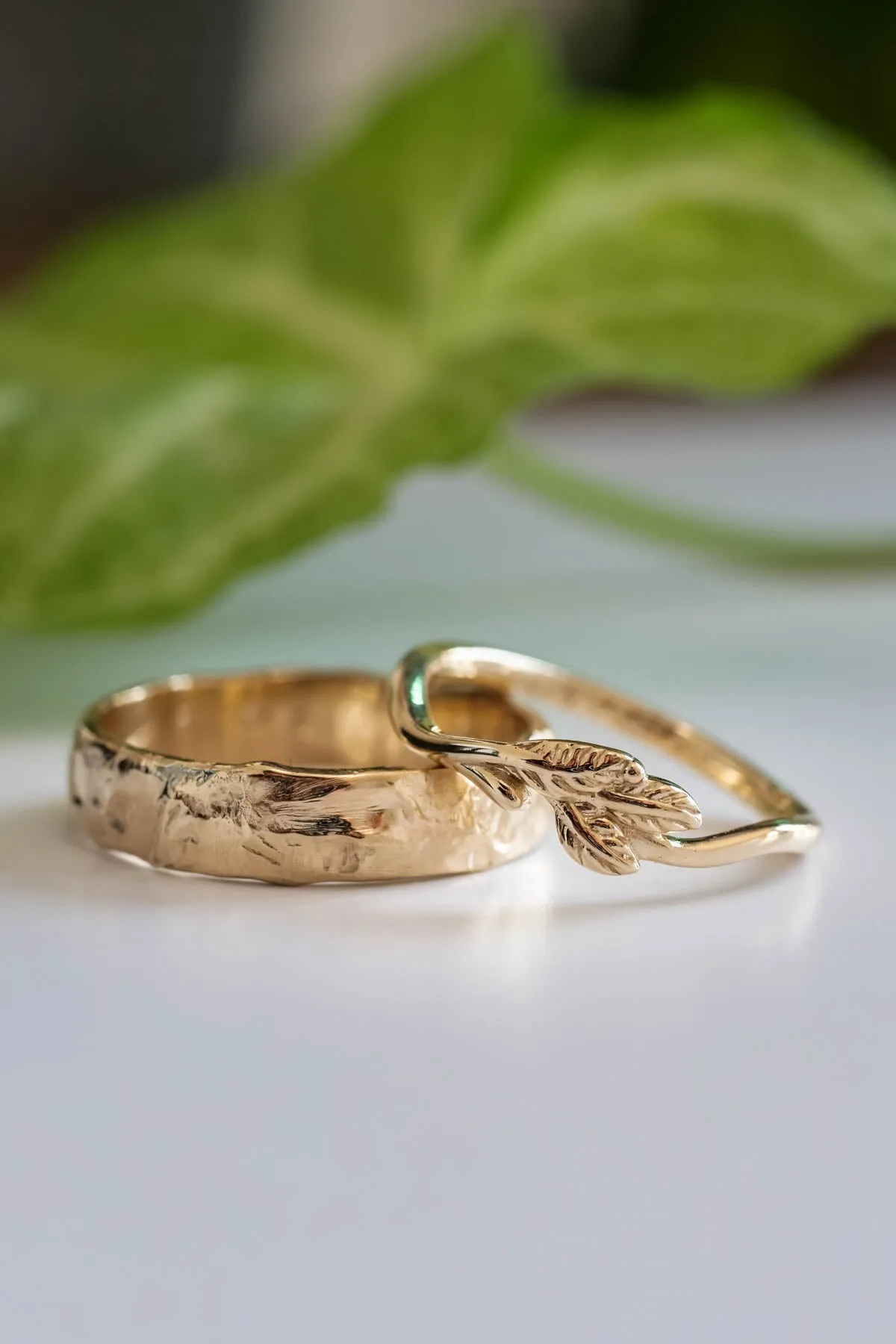 Wedding rings set for couple: textured band for him, twig band for her