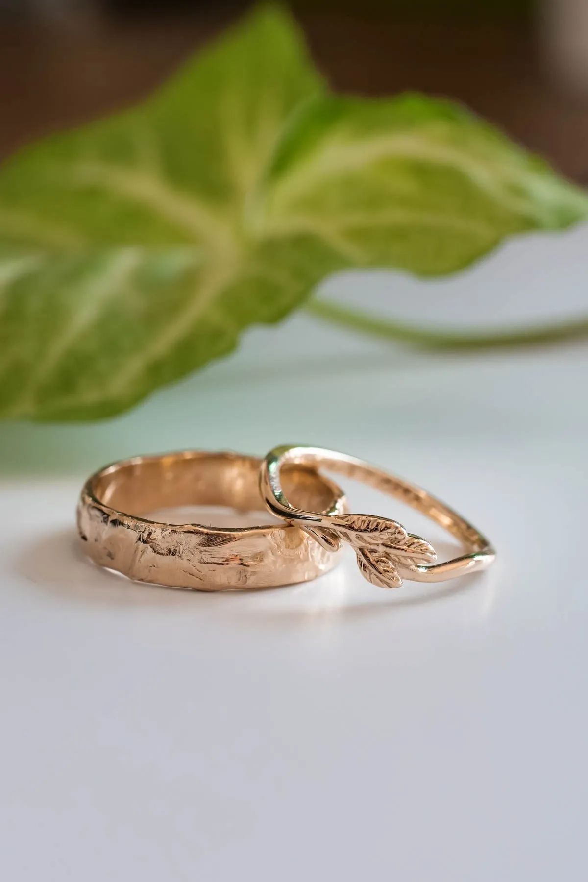 Wedding rings set for couple: textured band for him, twig band for her