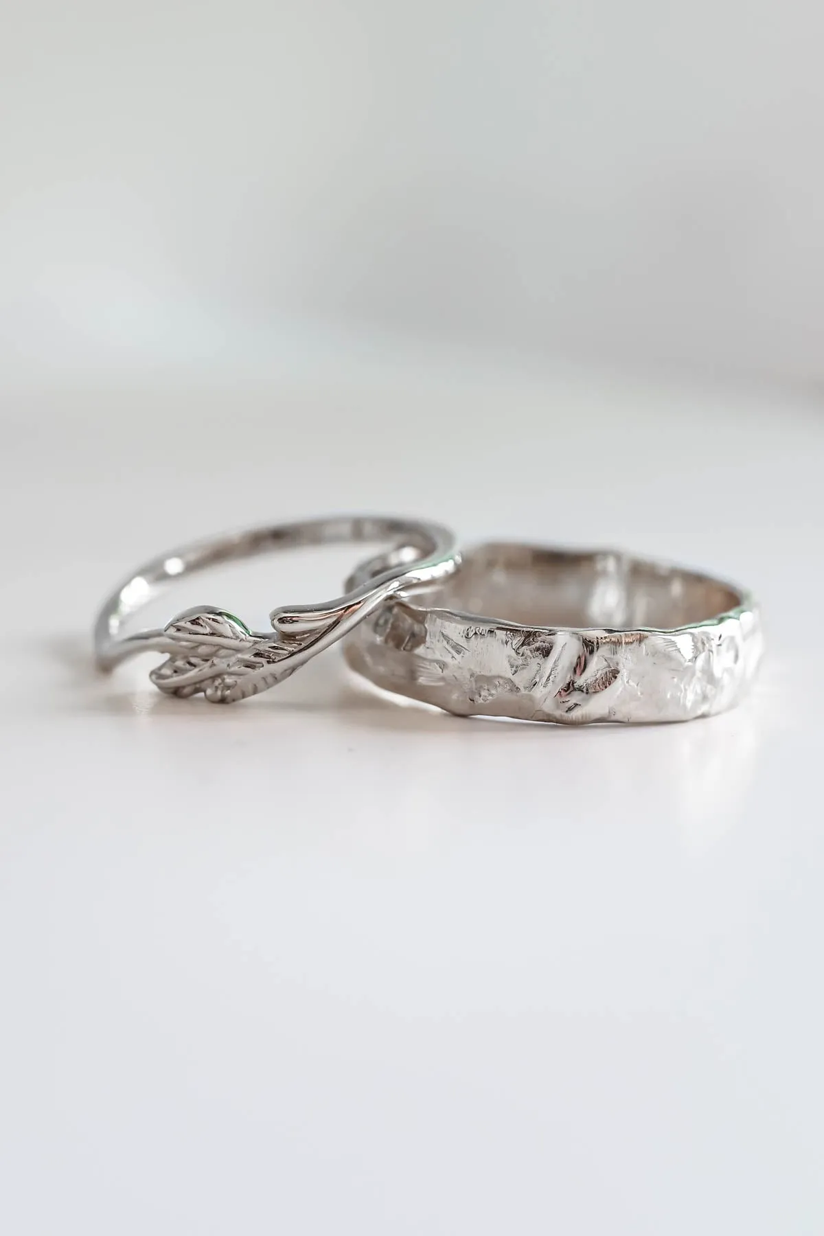 Wedding rings set for couple: textured band for him, twig band for her