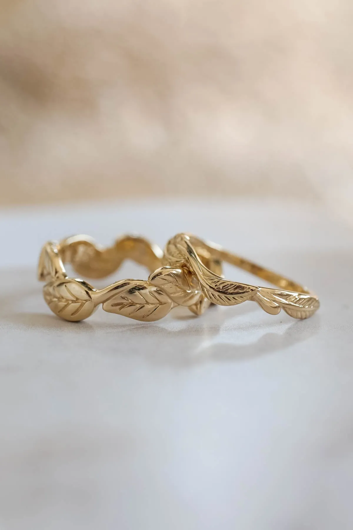 Wedding rings set for couples: leaves band for him, branch band for her