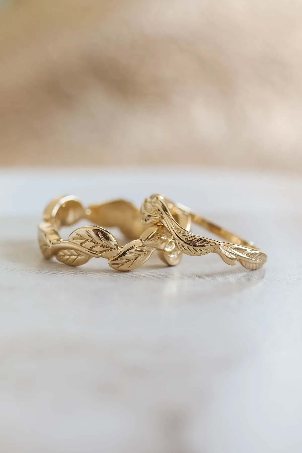 Wedding rings set for couples: leaves band for him, branch band for her