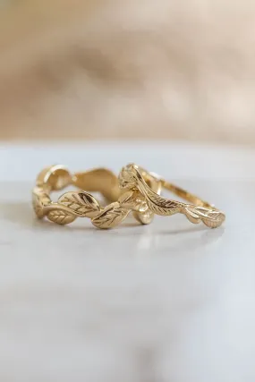 Wedding rings set for couples: leaves band for him, branch band for her