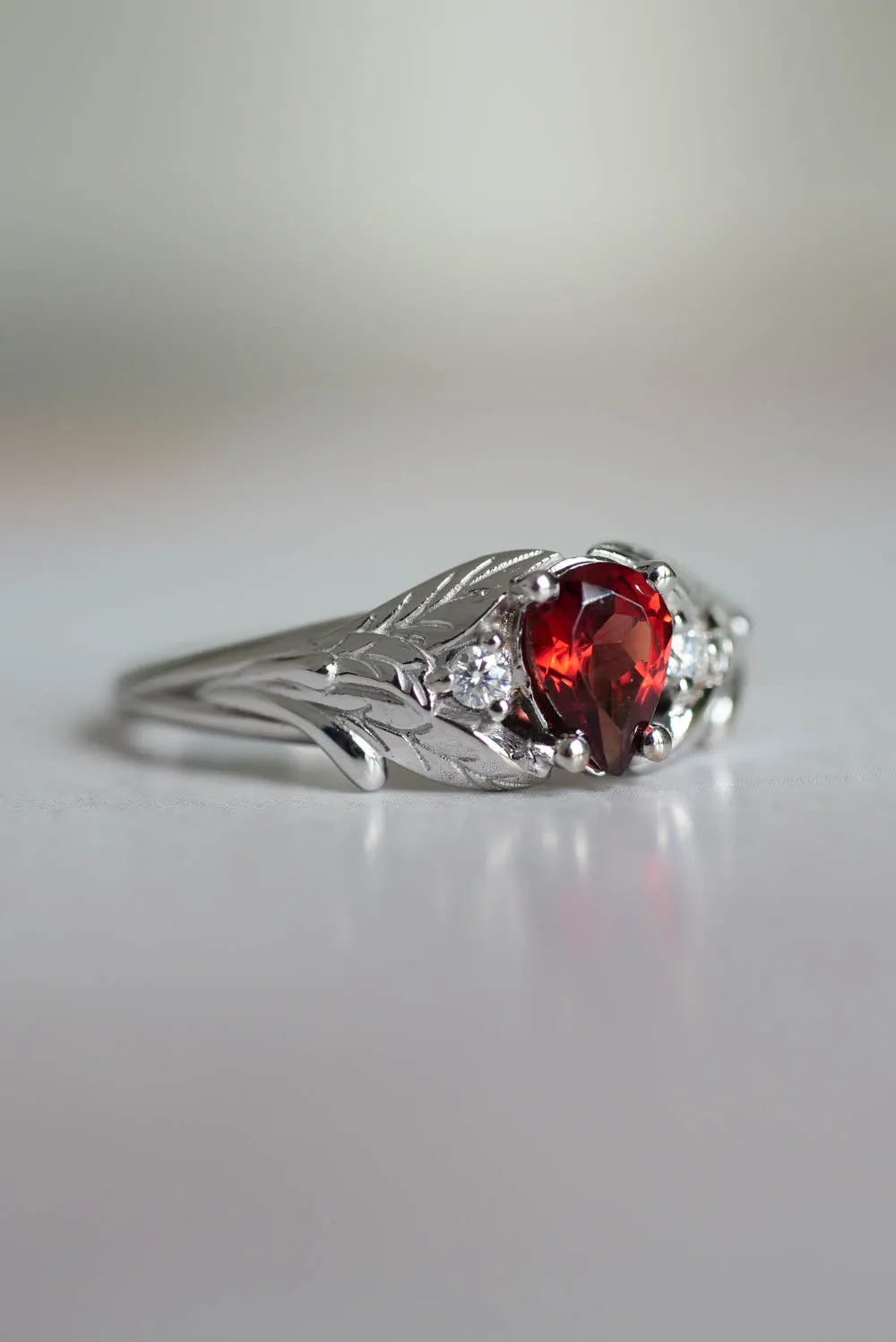 White gold garnet ring with diamonds for engagement / Wisteria