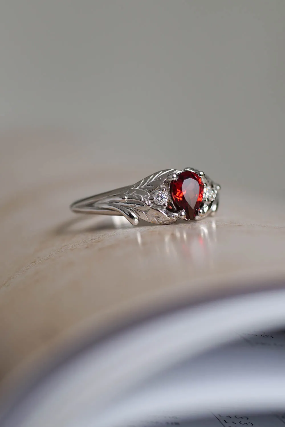 White gold garnet ring with diamonds for engagement / Wisteria