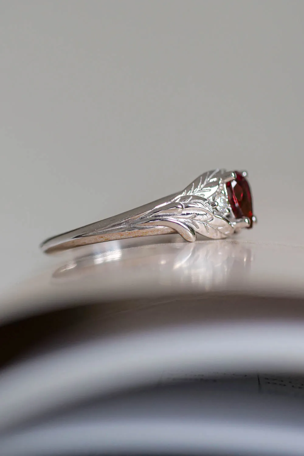 White gold garnet ring with diamonds for engagement / Wisteria