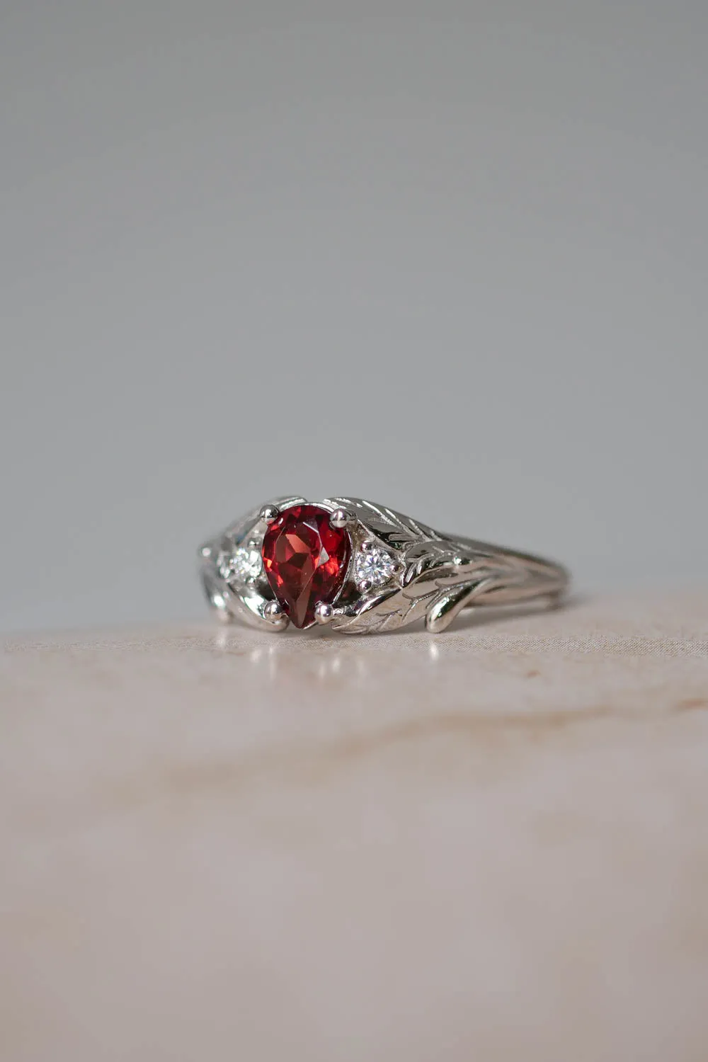 White gold garnet ring with diamonds for engagement / Wisteria