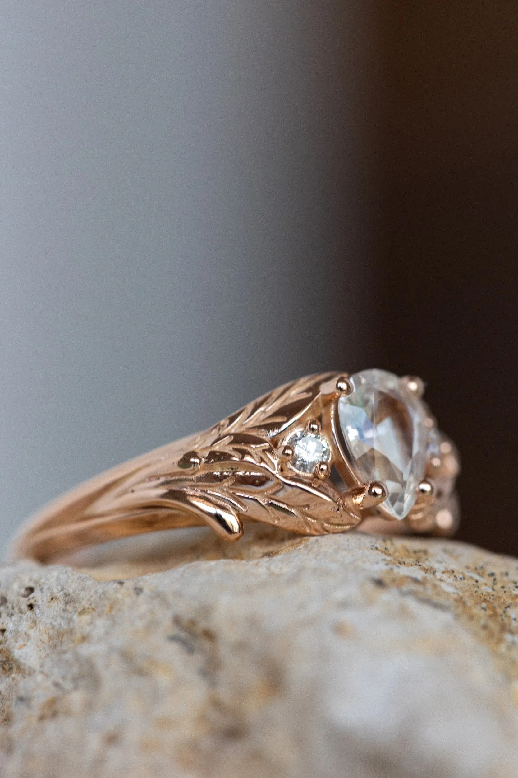 White sapphire engagement ring, rose gold engagement ring with accent diamonds / Wisteria