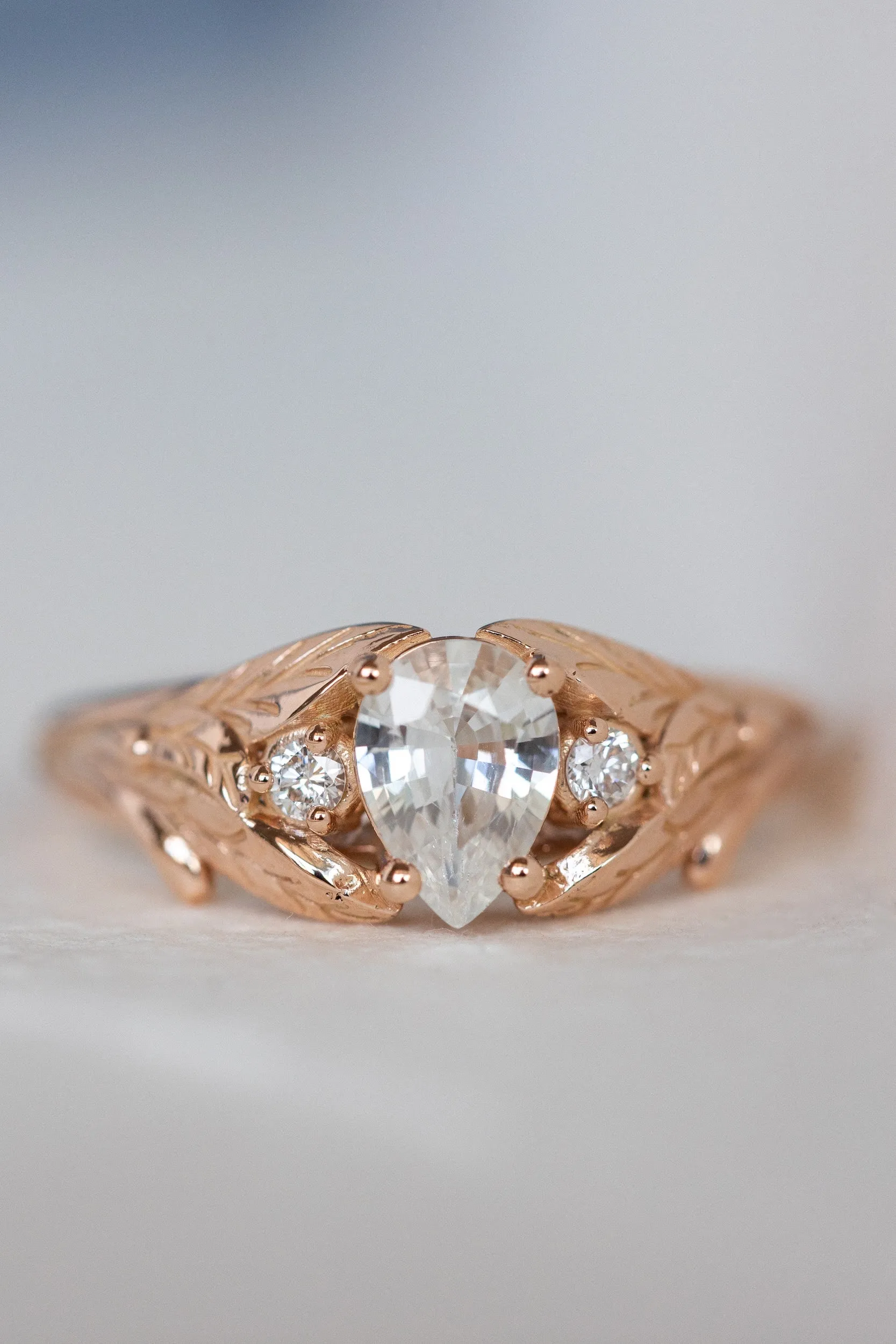 White sapphire engagement ring, rose gold engagement ring with accent diamonds / Wisteria