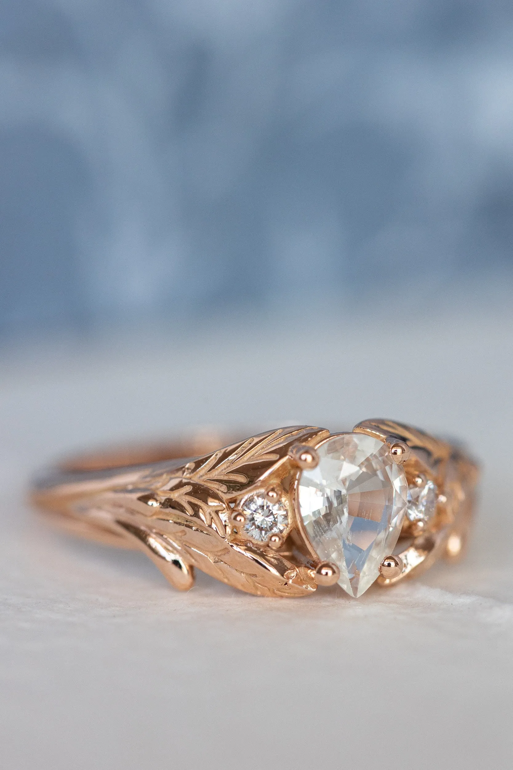 White sapphire engagement ring, rose gold engagement ring with accent diamonds / Wisteria