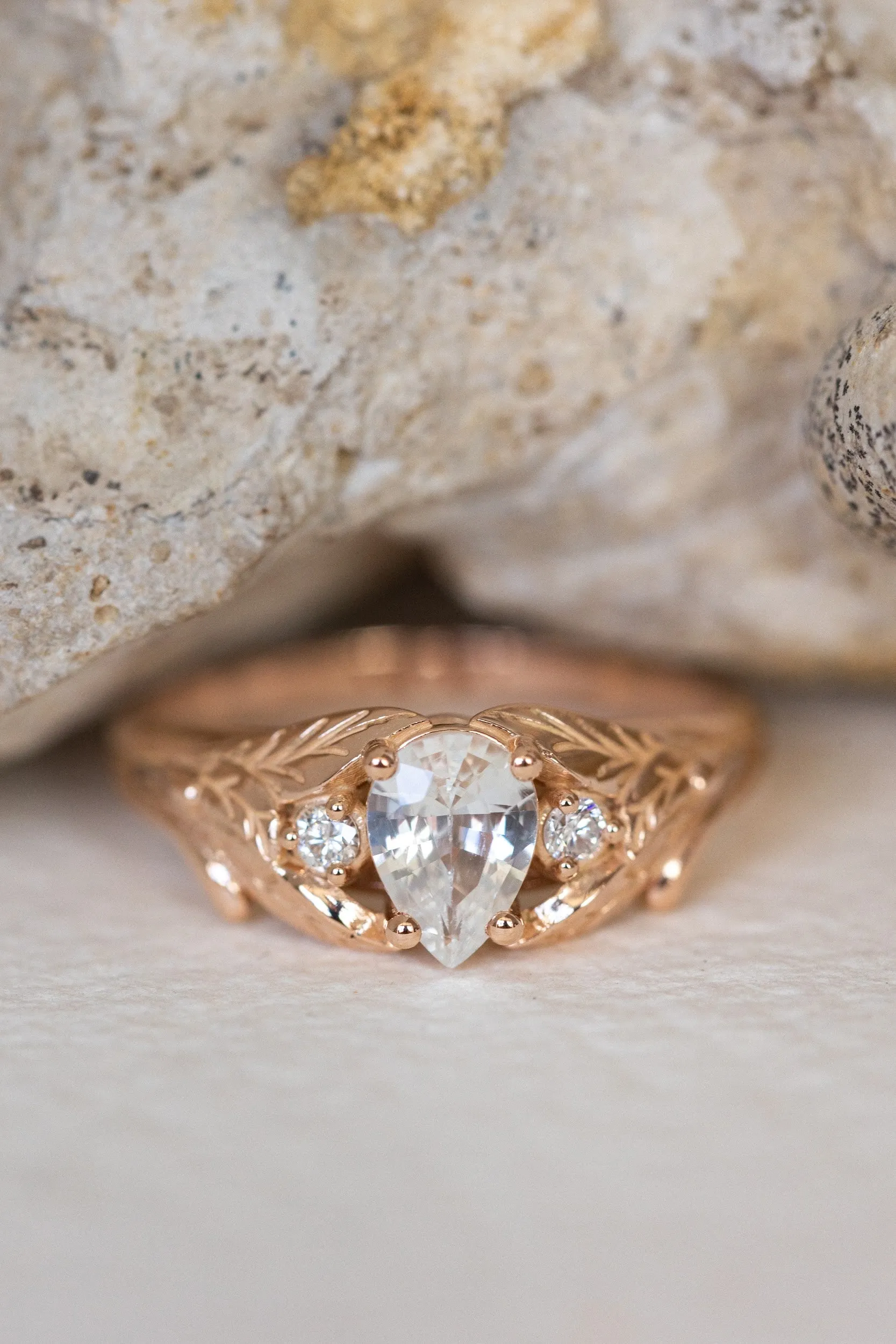 White sapphire engagement ring, rose gold engagement ring with accent diamonds / Wisteria