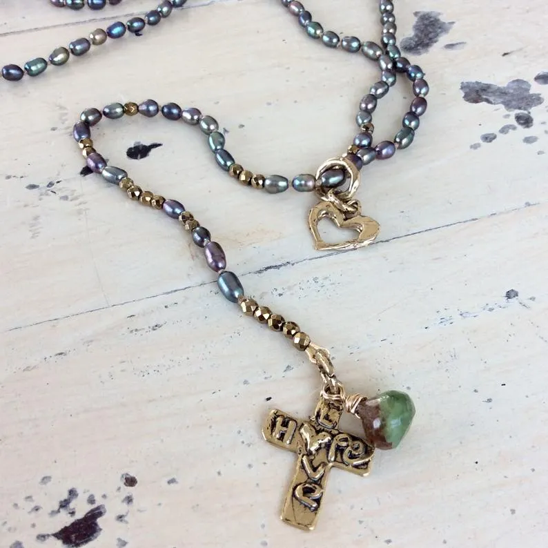 Y Long Pearl Necklace, Hope & Love Cross Necklace, Prasiolite Charm, Religious Jewelry