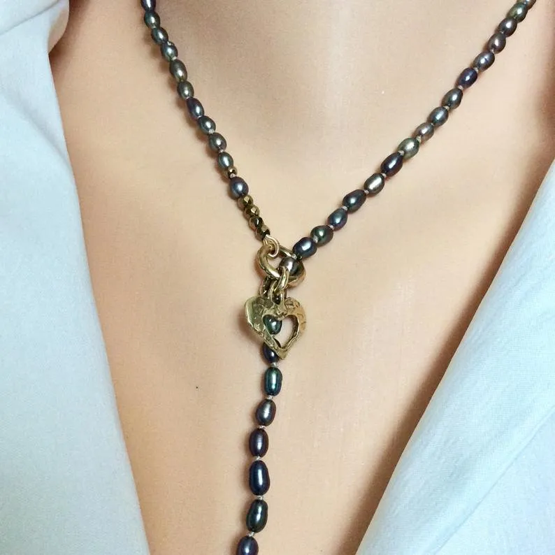 Y Long Pearl Necklace, Hope & Love Cross Necklace, Prasiolite Charm, Religious Jewelry