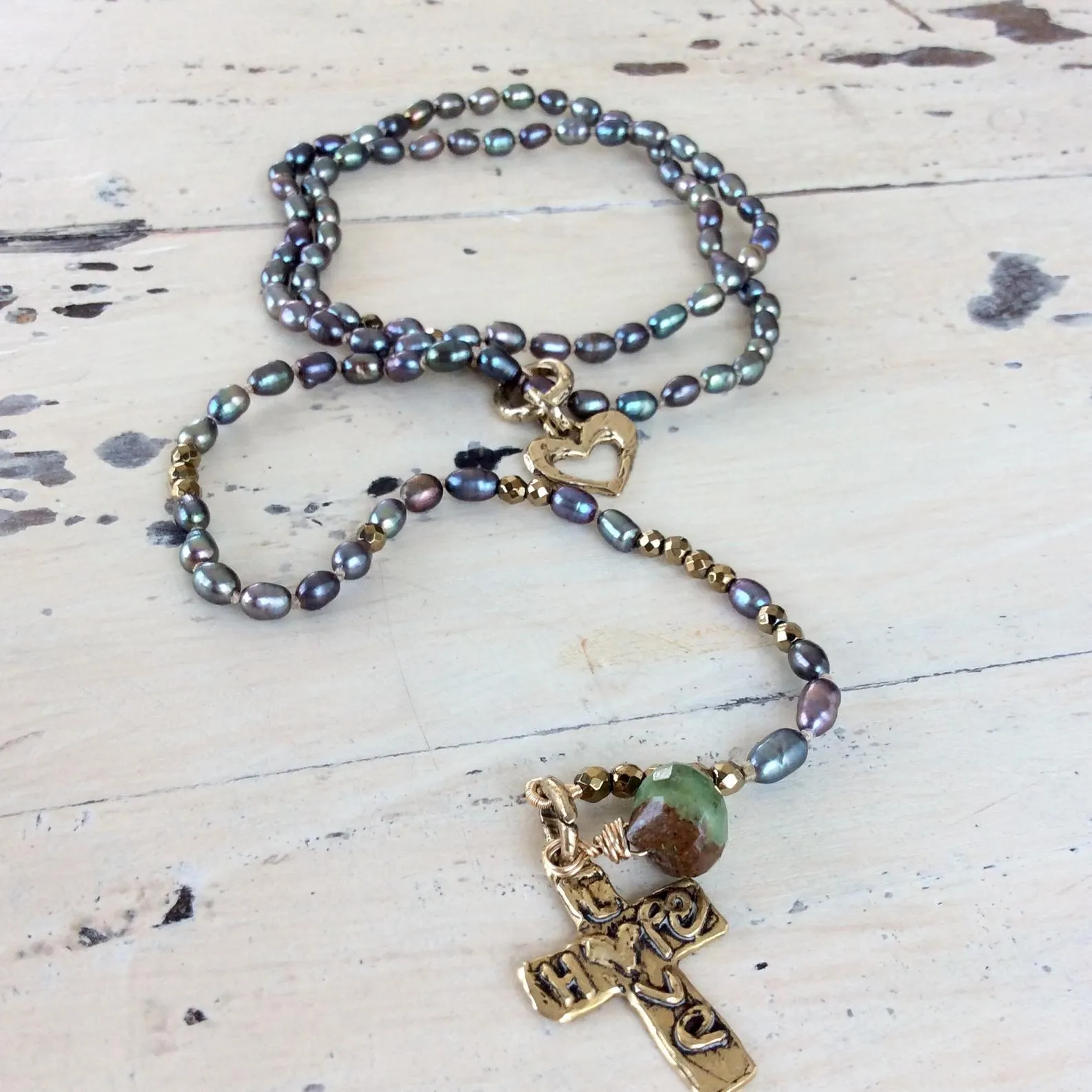 Y Long Pearl Necklace, Hope & Love Cross Necklace, Prasiolite Charm, Religious Jewelry